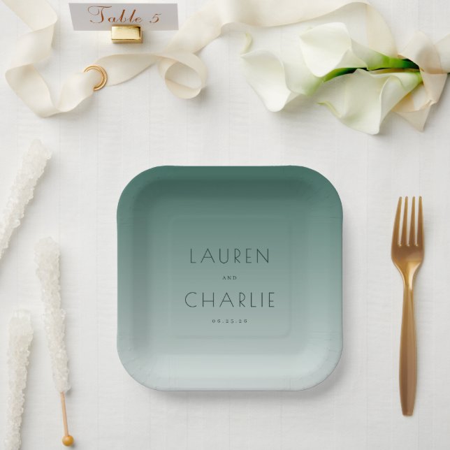 Plato De Papel Gradiente Minimalista Verde Azul Sereno (Boda)