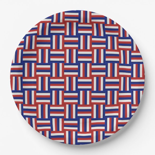 Plato De Papel Gradiente Rojo Blanco y Azul Patriótico Zig Zag (Anverso)