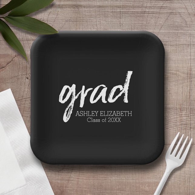 Plato De Papel Grado negro moderno de moda Personalizado de gradu (Personalized party plates with graduation theme)