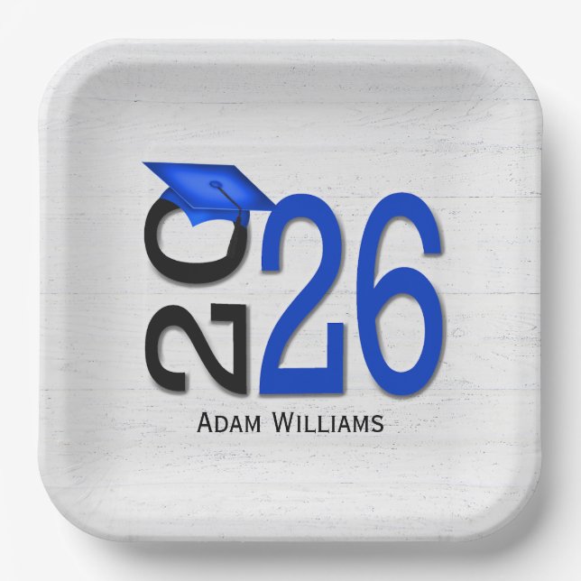 Plato De Papel Graduación 2025 Azul y negro en madera (Anverso)