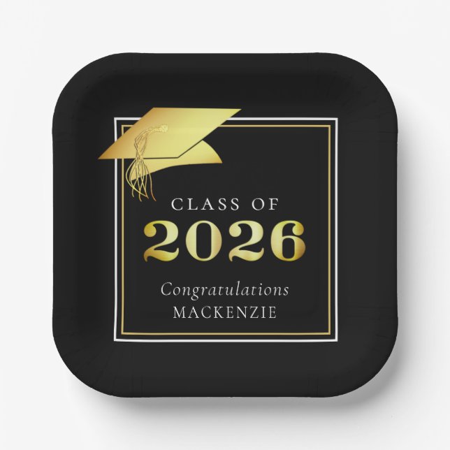 Plato De Papel Graduación 2025 Black Faux Metallic Gold (Anverso)