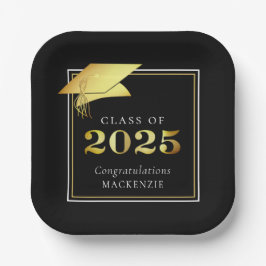 Plato De Papel Graduación 2025 Black Faux Metallic Gold