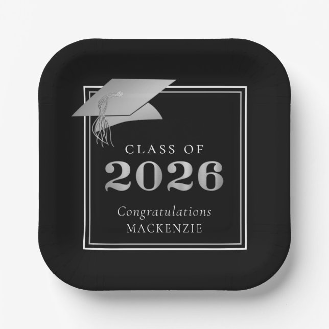 Plato De Papel Graduación 2025 Black Faux Metallic Silver (Anverso)