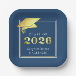 Plato De Papel Graduación 2025 Blue Faux Gold o color Personaliza