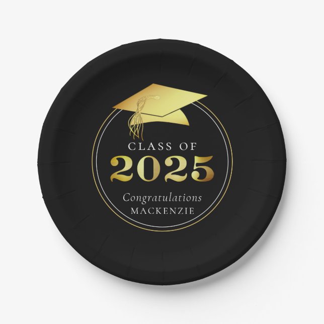 Plato De Papel Graduación 2025 Faux Metallic Black Gold (Anverso)