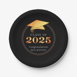 Plato De Papel Graduación 2025 Faux Metallic Black Gold