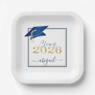 Plato De Papel Graduación 2025 Faux Metallic Blue Gold Script