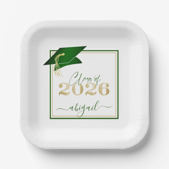 Plato De Papel Graduación 2025 Faux Metallic Green Gold Script (Anverso)