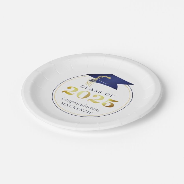 Plato De Papel Graduación 2025 Faux Metallic Navy Blue Gold (Angular)
