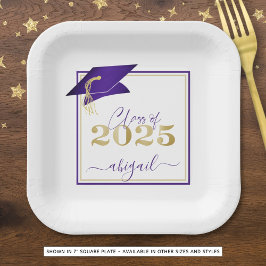 Plato De Papel Graduación 2025 Faux Metallic Purple Gold Script