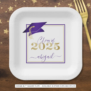 Plato De Papel Graduación 2025 Faux Metallic Purple Gold Script