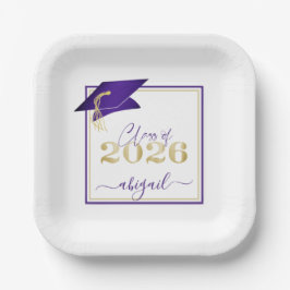 Plato De Papel Graduación 2025 Faux Metallic Purple Gold Script