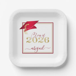 Plato De Papel Graduación 2025 Faux Metallic Red Gold Script