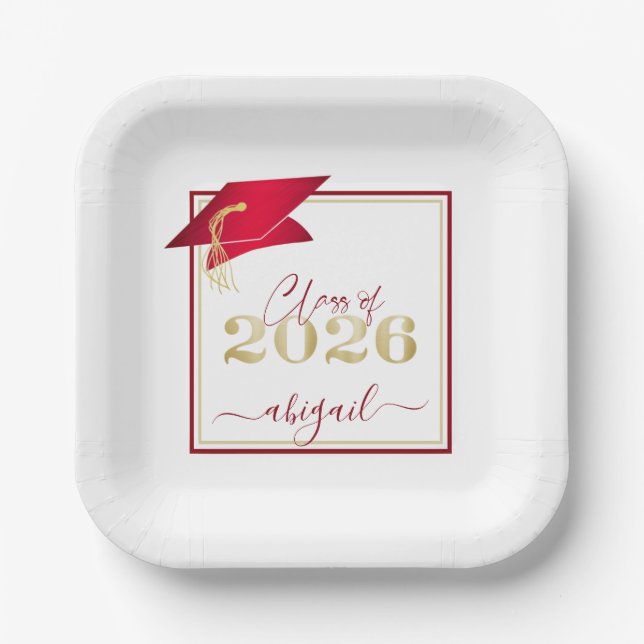 Plato De Papel Graduación 2025 Faux Metallic Red Gold Script (Anverso)