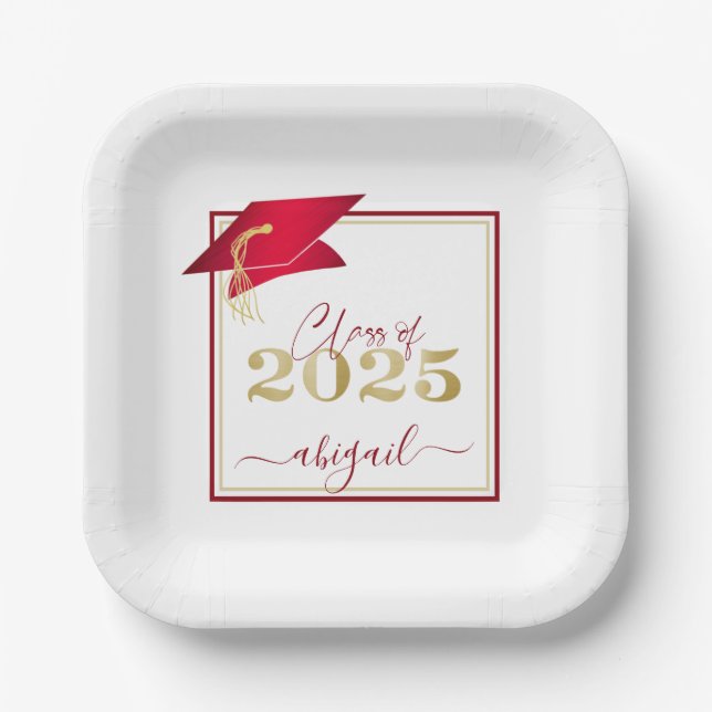 Plato De Papel Graduación 2025 Faux Metallic Red Gold Script (Anverso)