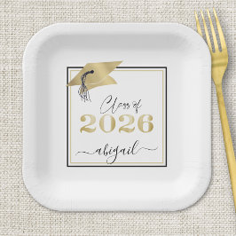 Plato De Papel Graduación 2025 Gorra Negra de Oro Metálico Falso