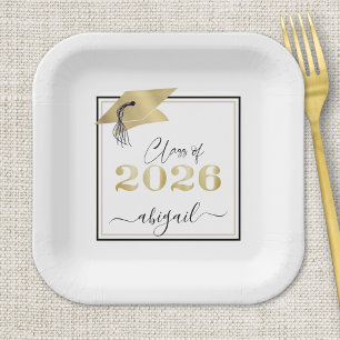 Plato De Papel Graduación 2025 Gorra Negra de Oro Metálico Falso