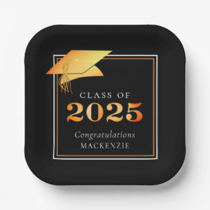 Plato De Papel Graduación 2025 Naranja Metálico Black Faux