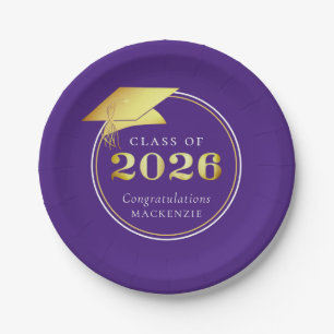 Plato De Papel Graduación 2025 Oro Metálico Faux Púrpura