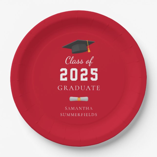 Plato De Papel Graduación 2025 Personalizado de Grado Blanco Rojo (Anverso)