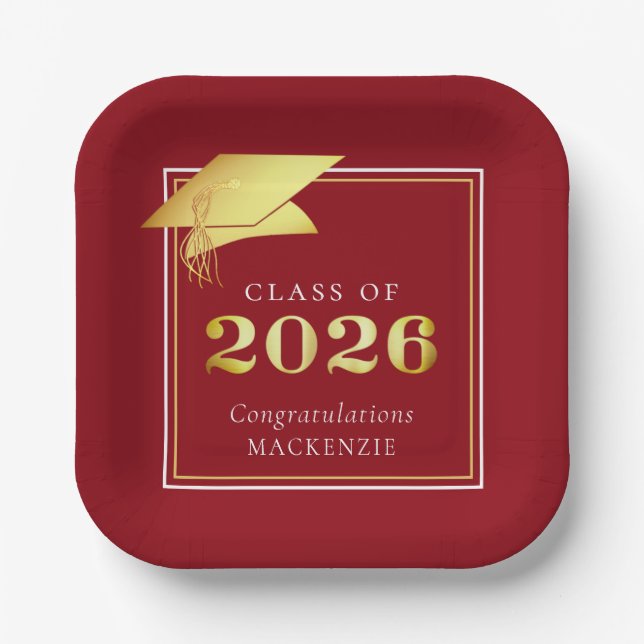 Plato De Papel Graduación 2025 Red Faux Metallic Gold (Anverso)