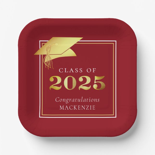 Plato De Papel Graduación 2025 Red Faux Metallic Gold (Anverso)