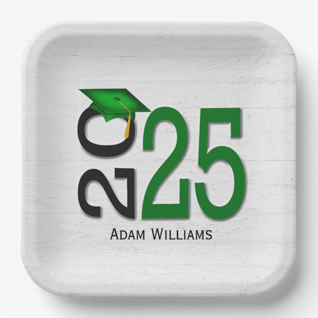 Plato De Papel Graduación 2025 Verde y Negro en madera (Anverso)