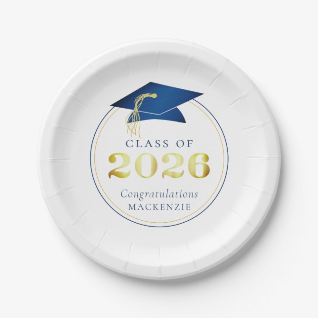 Plato De Papel Graduación 2026 Azul Metálico Falso Dorado (Anverso)