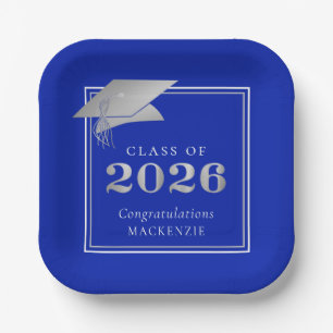 Plato De Papel Graduación 2026 Azul Real Falso Metálico Plateado