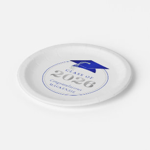 Plato De Papel Graduación 2026 Azul Real Metálico Falso Plateado