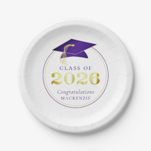 Plato De Papel Graduación 2026 Dorado Púrpura Metálico Falso
