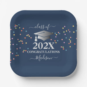 Plato De Papel Graduación 202X Real Blue Confetti Silver inicial