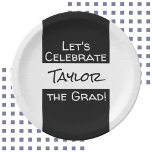 Plato De Papel Graduación Añadir nombre | Celebremos el Grad<br><div class="desc">Suministros de Fiesta de placas de papel con temática de graduado en blanco y negro.</div>