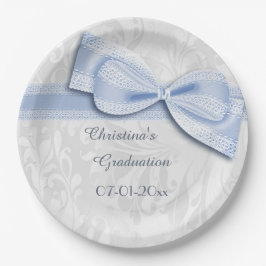 Plato De Papel Graduación Azul Damask y Lazo Falso