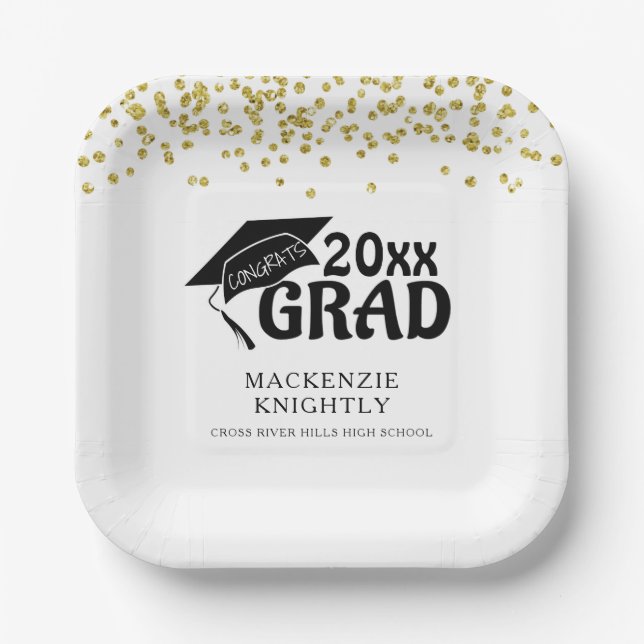 Plato De Papel Graduación Black Gold CONGRATS GRAD Confetti (Anverso)