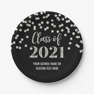 Plato De Papel Graduación Black Silver Confetti 2021