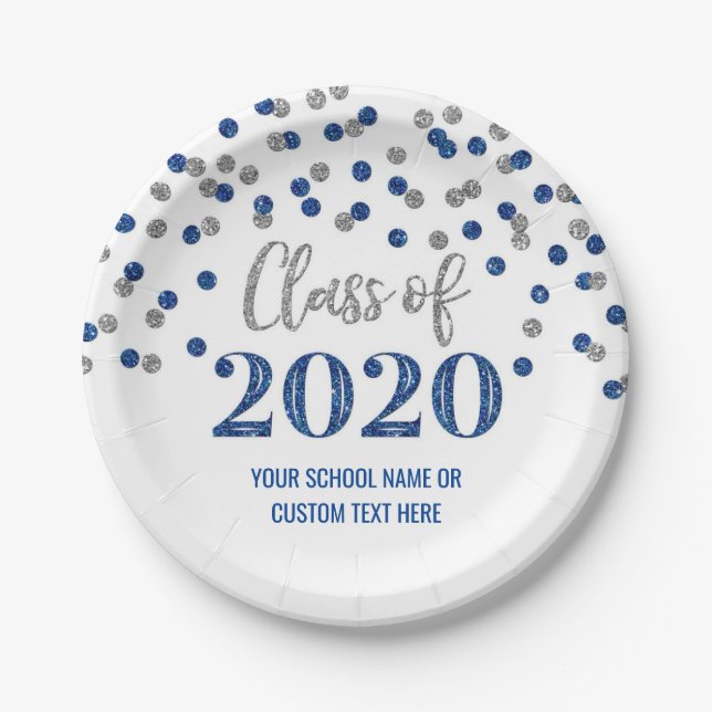 Plato De Papel Graduación Blue Silver Confetti 2020 (Anverso)