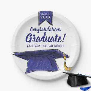 Plato De Papel Graduación Clase 20XX Congrats Blue Grad Cap