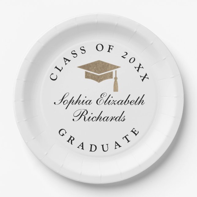 Plato De Papel Graduación clásico script negro y blanco (Anverso)
