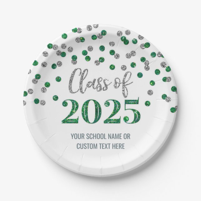 Plato De Papel Graduación Confeti Verde Plata 2025 (Anverso)