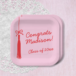 Plato De Papel Graduación Coquette Bow Grad Tassel Rojo Rosa 2025