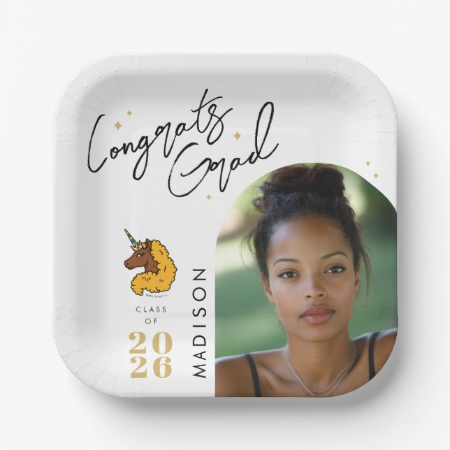 Plato De Papel Graduación de Afro Unicornio Amarillo (Anverso)