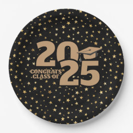 Plato De Papel Graduación de Black and Gold Stars 2025
