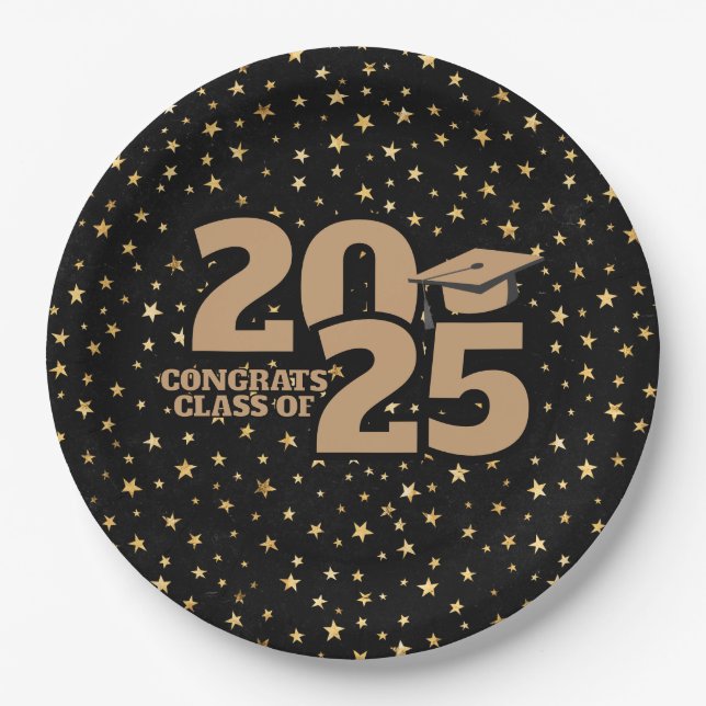 Plato De Papel Graduación de Black and Gold Stars 2025 (Anverso)