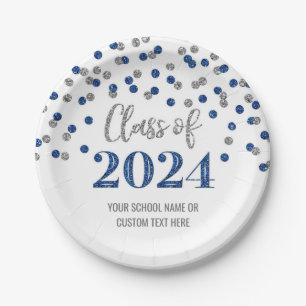 Plato De Papel Graduación de confetti de plata azul 2024