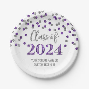 Plato De Papel Graduación de Confetti de Plata Morada 2024
