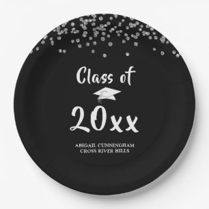 Plato De Papel Graduación de Confetti de plata negra