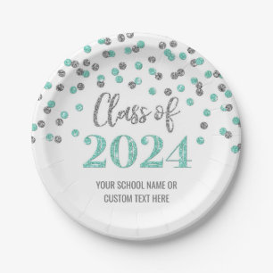 Plato De Papel Graduación de Confetti de plata turquesa 2024