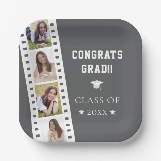 Plato De Papel Graduación de cuatro Collages de fotos | Gris (Anverso)