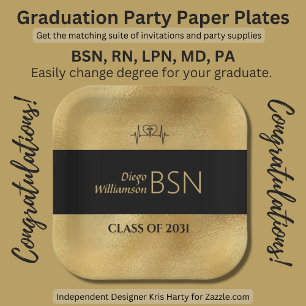 Plato De Papel Graduación de ENFERMERA BSN RN LPN Nombre Black Fa